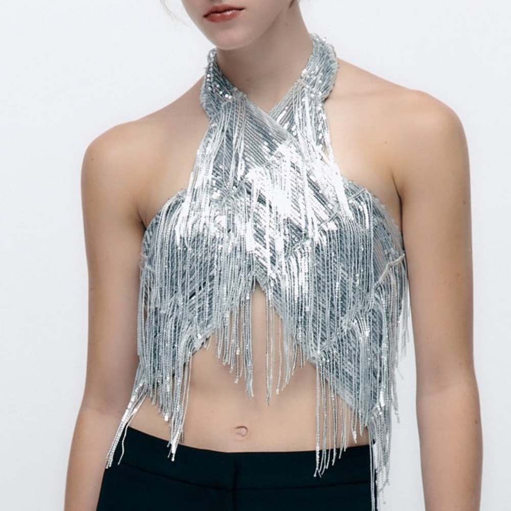 Zara SEQUIN WRAP HALTER TOP